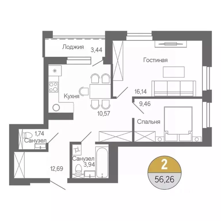 2-к кв. Башкортостан, Стерлитамак ул. Ботаническая, 10 (56.26 м) - Фото 1