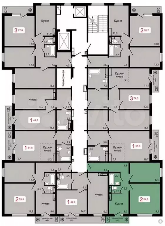 2-к. квартира, 54,6 м, 13/17 эт. - Фото 1
