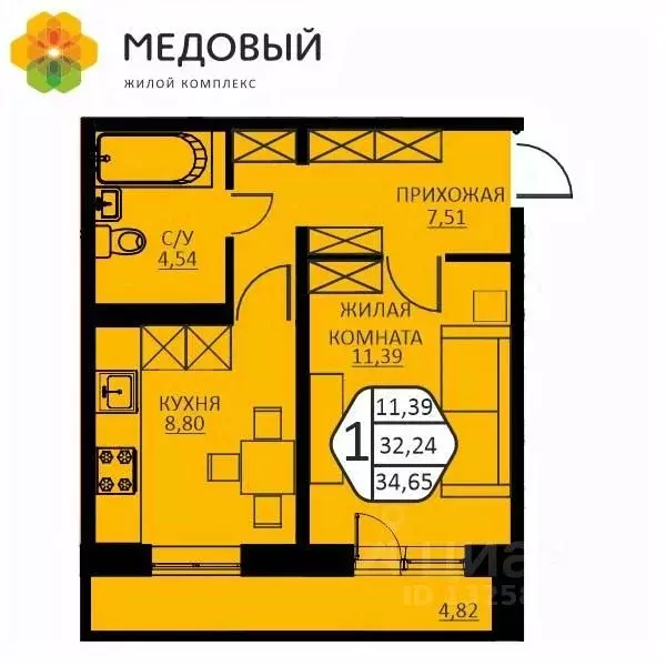 1-к кв. Пермский край, д. Кондратово ул. Н.М. Яблокова, 6 (34.65 м) - Фото 0