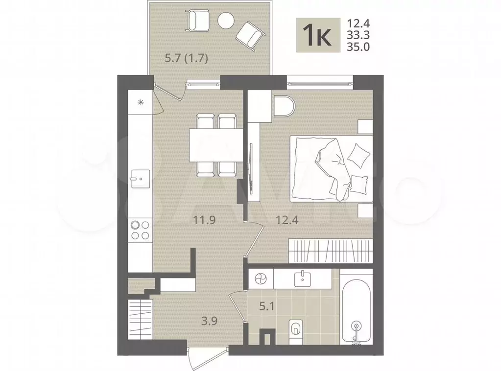 1-к. квартира, 35 м, 1/7 эт. - Фото 1