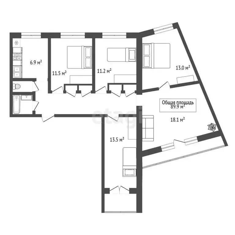 5-комнатная квартира: Новосибирск, улица Авиастроителей, 1 (89.9 м) - Фото 0
