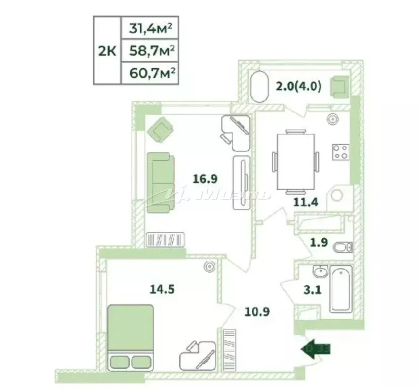 2-к кв. Крым, Симферопольский район, с. Мирное 42 (62.7 м) - Фото 1