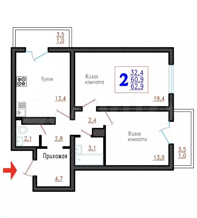 2-к. квартира, 62,9 м, 6/6 эт. - Фото 0