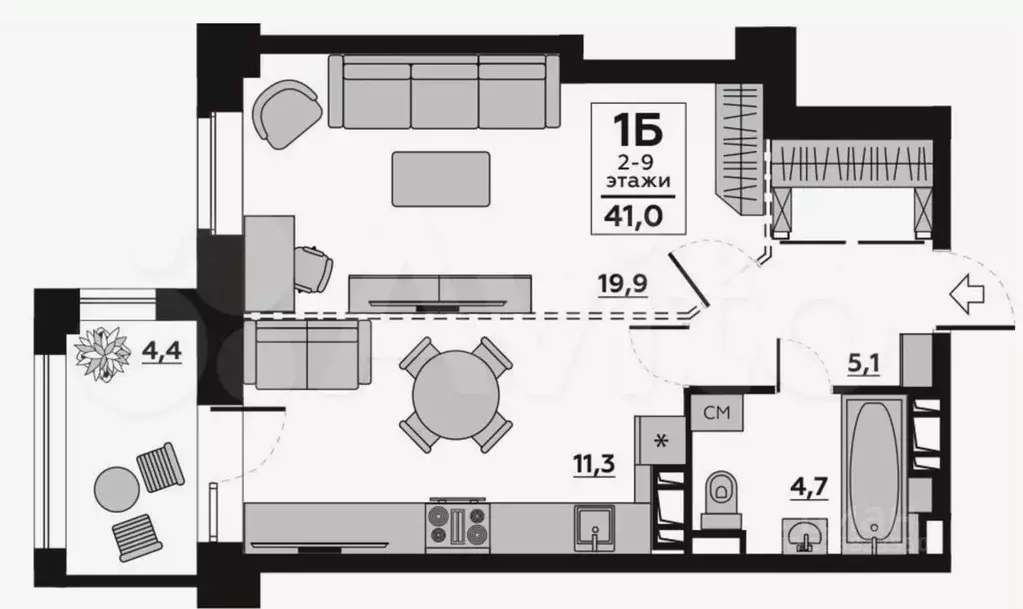 Студия Волгоградская область, Волгоград Бакинская ул., 2А (43.1 м) - Фото 1