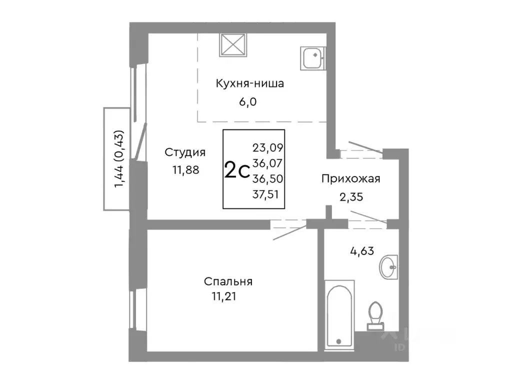 2-к кв. Челябинская область, Челябинск Нефтебазовая ул., 1-13 (36.5 м) - Фото 1
