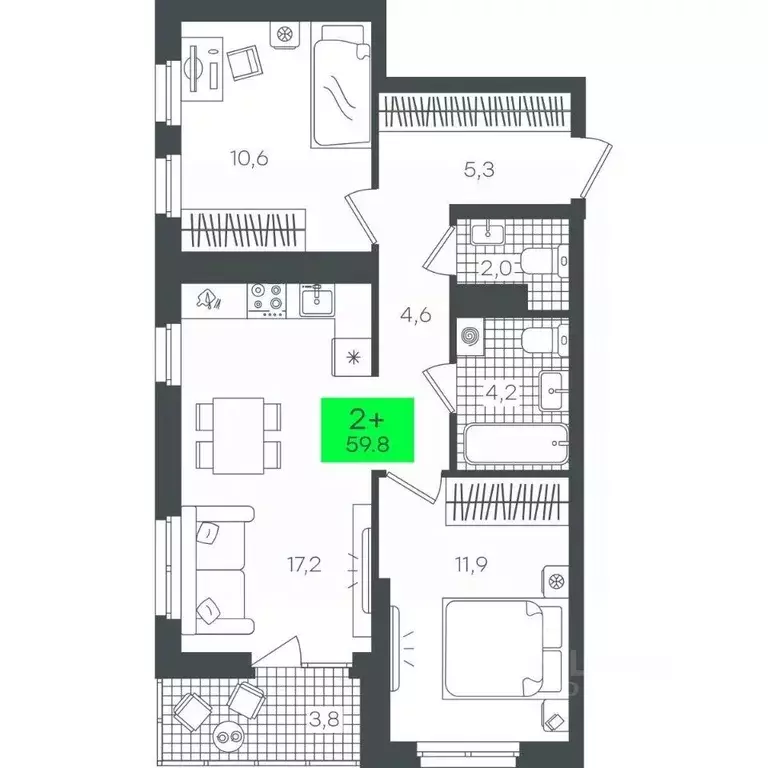 2-к кв. Тюменская область, Тюмень ул. Василия Малкова, 19 (59.84 м) - Фото 0