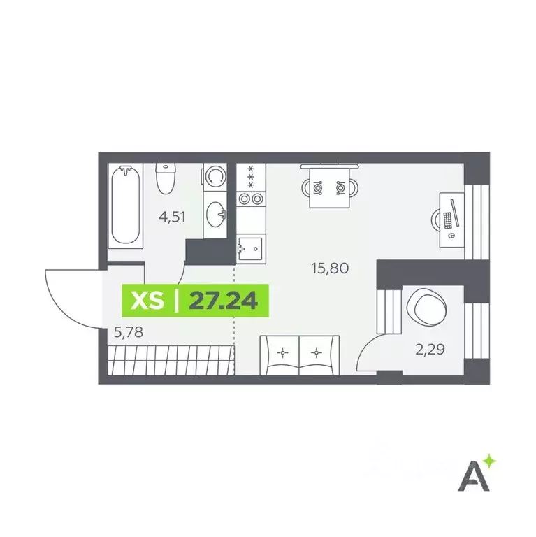 Квартира, студия, 27.24 м - Фото 1