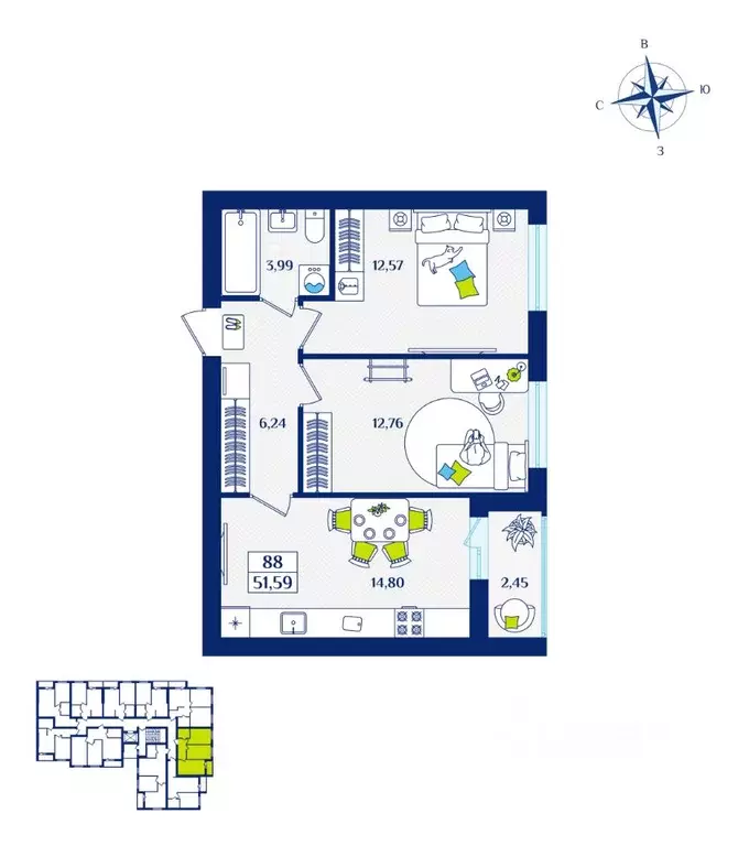 2-к кв. Калининградская область, Зеленоградск  (51.59 м) - Фото 1