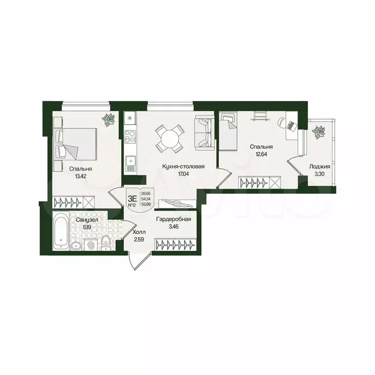 2-к. квартира, 56 м, 3/4 эт. - Фото 0