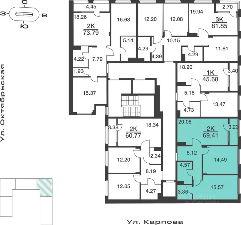 2-к кв. Тульская область, Тула ул. Карпова, 103А (69.41 м) - Фото 1