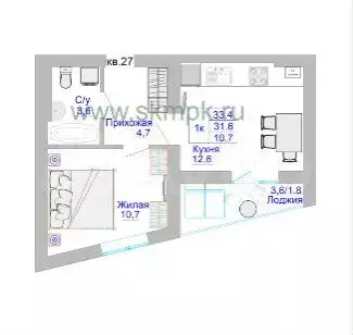 1-к. квартира, 34,1 м, 6/8 эт. - Фото 1