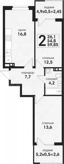 2-к. квартира, 59,9м, 1/4эт. - Фото 1