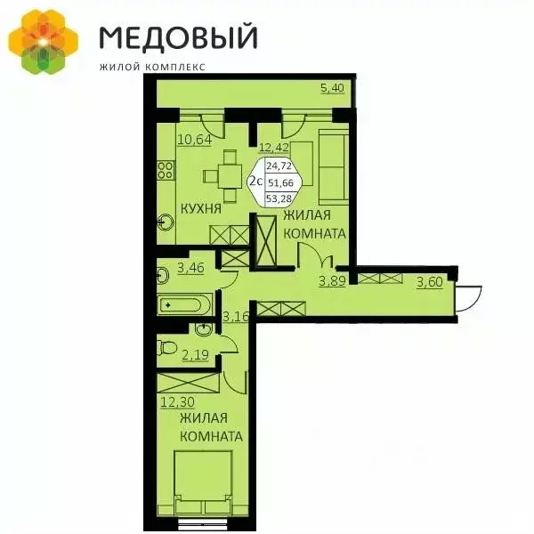 2-к кв. Пермский край, д. Кондратово ул. Г.Н. Нифантова, 4А (51.5 м) - Фото 0