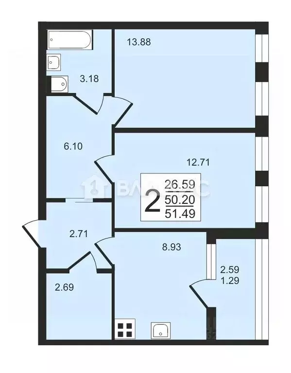 2-к кв. Санкт-Петербург ул. Челюскина, 6 (50.2 м) - Фото 1