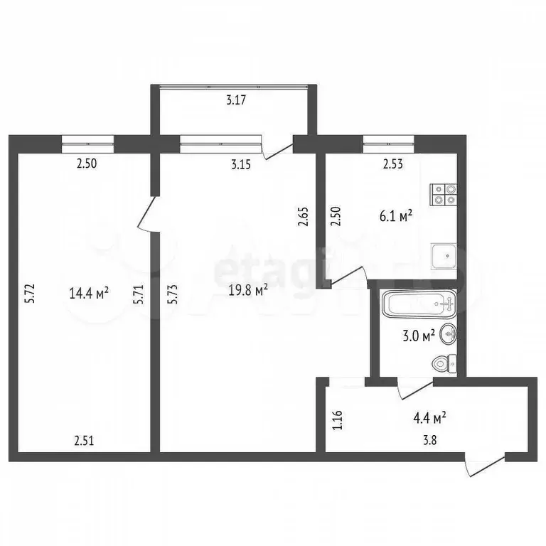 2-к. квартира, 47,5 м, 5/5 эт. - Фото 0