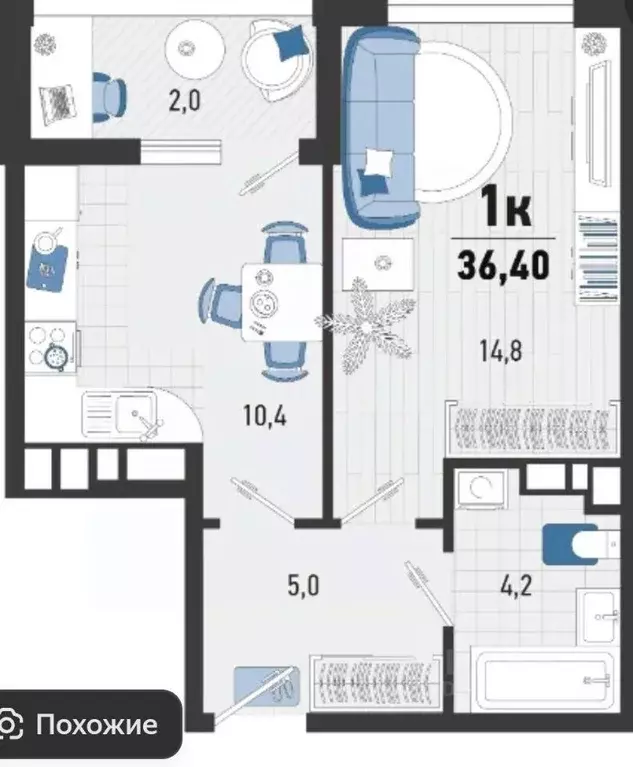 1-к кв. Краснодарский край, Новороссийск Южная ул., 1 (36.0 м) - Фото 1