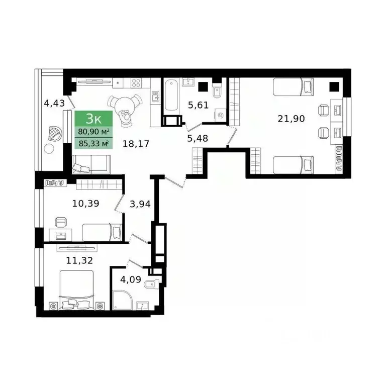 3-к кв. Курганская область, Курган просп. Конституции (85.33 м) - Фото 2