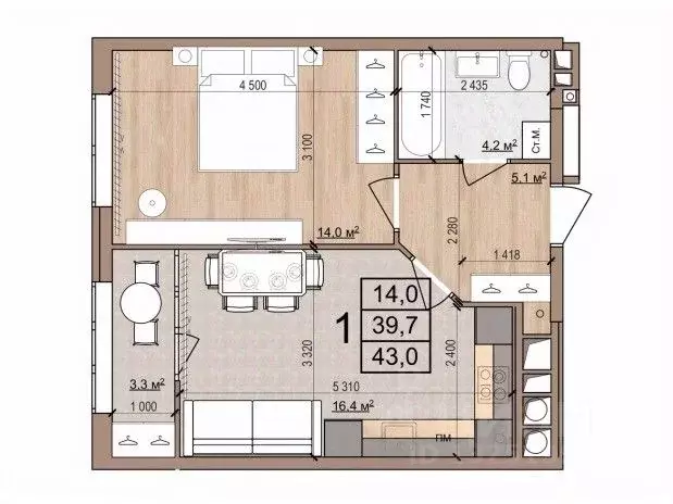 1-к кв. Рязанская область, Рязань Медицинская ул., 3 (43.0 м) - Фото 1