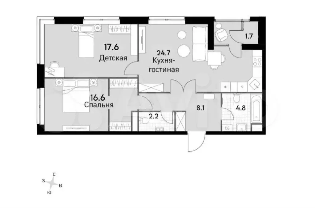 2-к. квартира, 75,7 м, 26/30 эт. - Фото 1