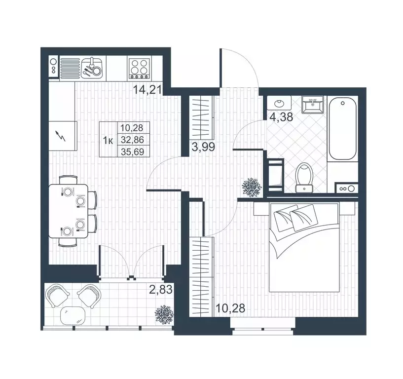 1-комнатная квартира: Коммунар, массив Ижора (34.28 м) - Фото 0