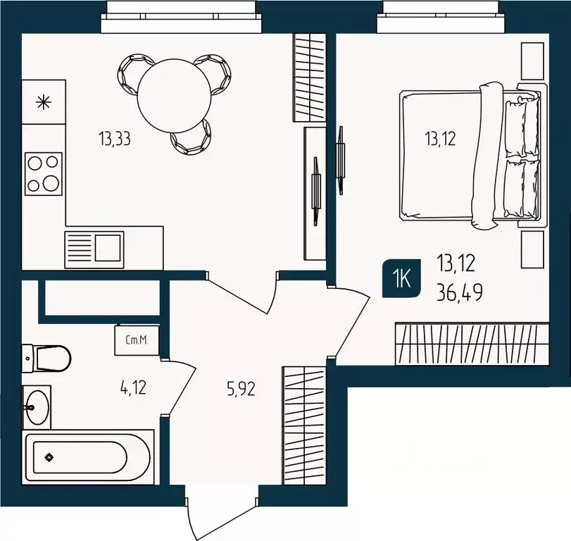 1-к кв. Тюменская область, Тюмень  (36.49 м) - Фото 1