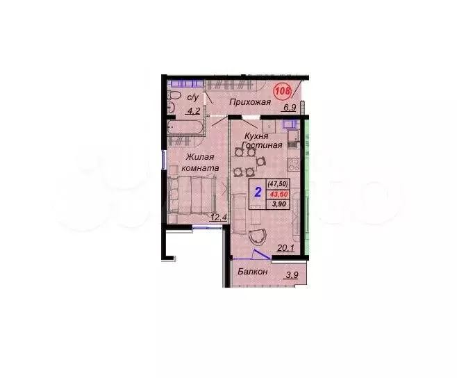 Квартира-студия, 47,5 м, 10/16 эт. - Фото 1