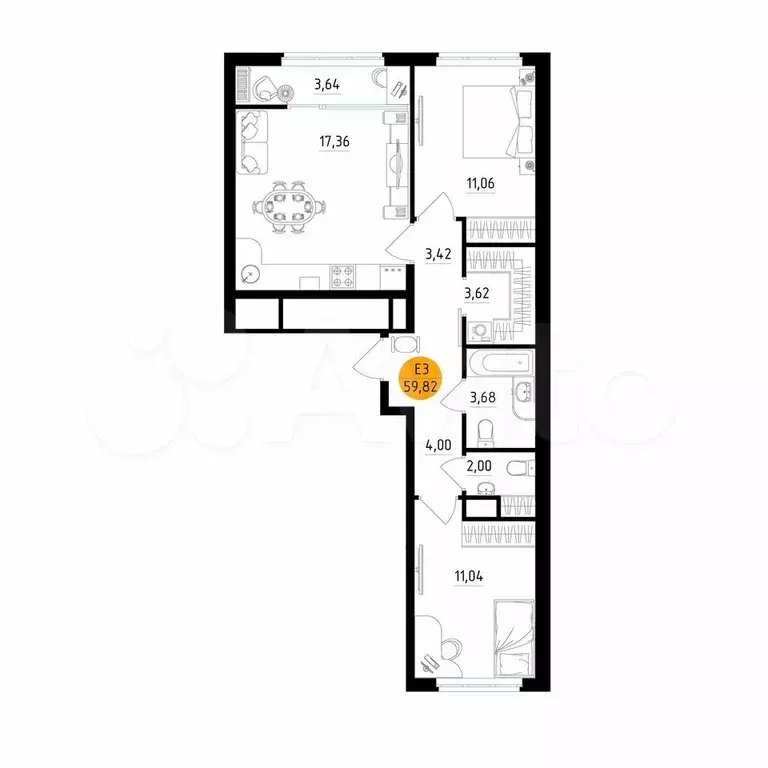 2-к. квартира, 59,8 м, 10/25 эт. - Фото 1