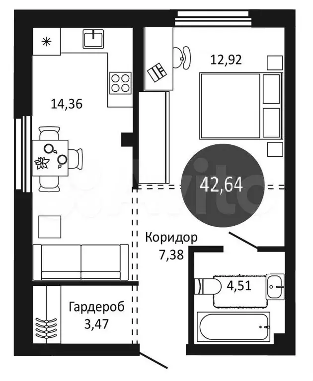 2-к. квартира, 42,6 м, 2/18 эт. - Фото 0