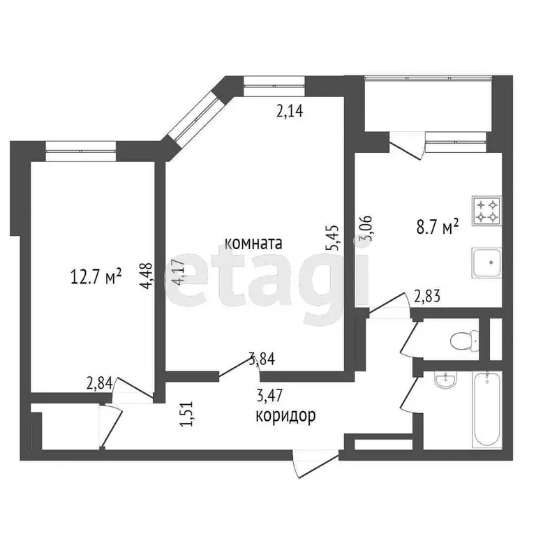 Квартира, 2 комнаты, 54.7 м - Фото 0