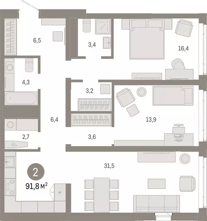 2-комнатная квартира: Тюмень, Ленинский округ (91.81 м) - Фото 1