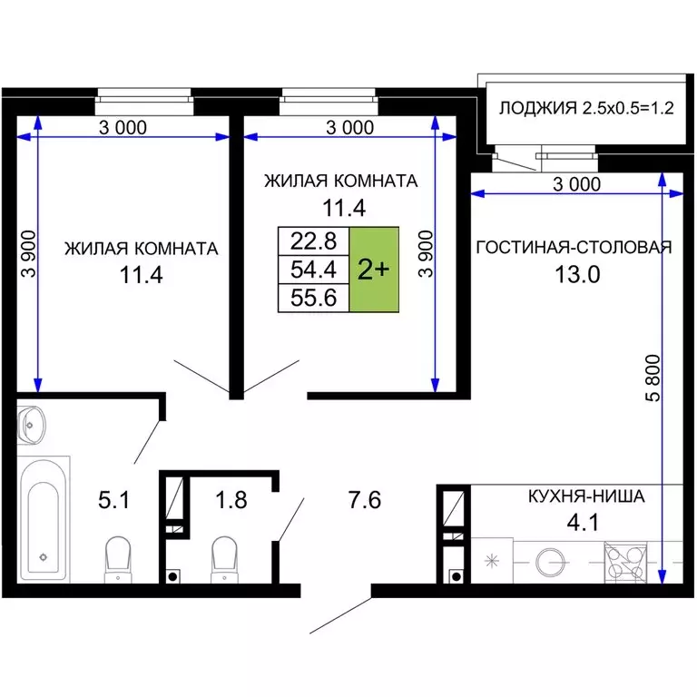 2-комнатная квартира: Краснодар, жилой комплекс Дыхание (55.6 м) - Фото 0