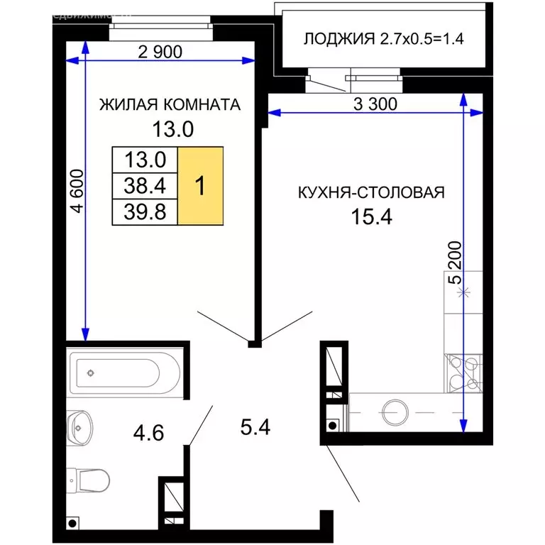 1-комнатная квартира: Краснодар, жилой комплекс Дыхание (39.8 м) - Фото 0