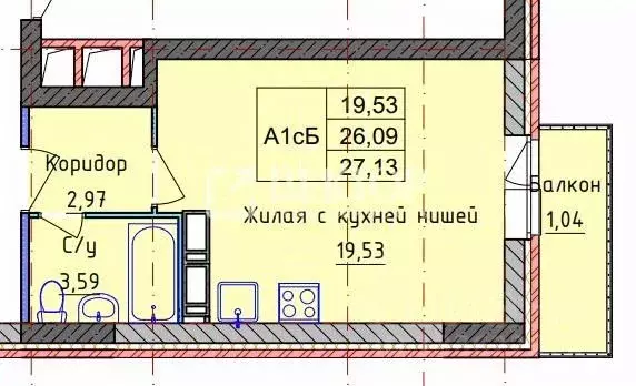 Студия Ярославская область, Ярославль ул. Пашуковская, 11 (27.13 м) - Фото 2