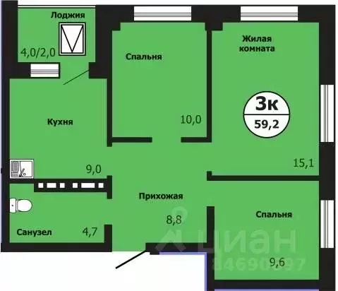 3-к кв. Красноярский край, Красноярск ул. Лесников, 51Б (59.2 м) - Фото 0