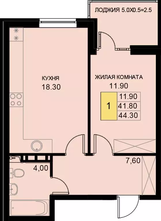 1-комнатная квартира: посёлок Южный, Екатерининская улица, 7к1 (44.3 ... - Фото 1