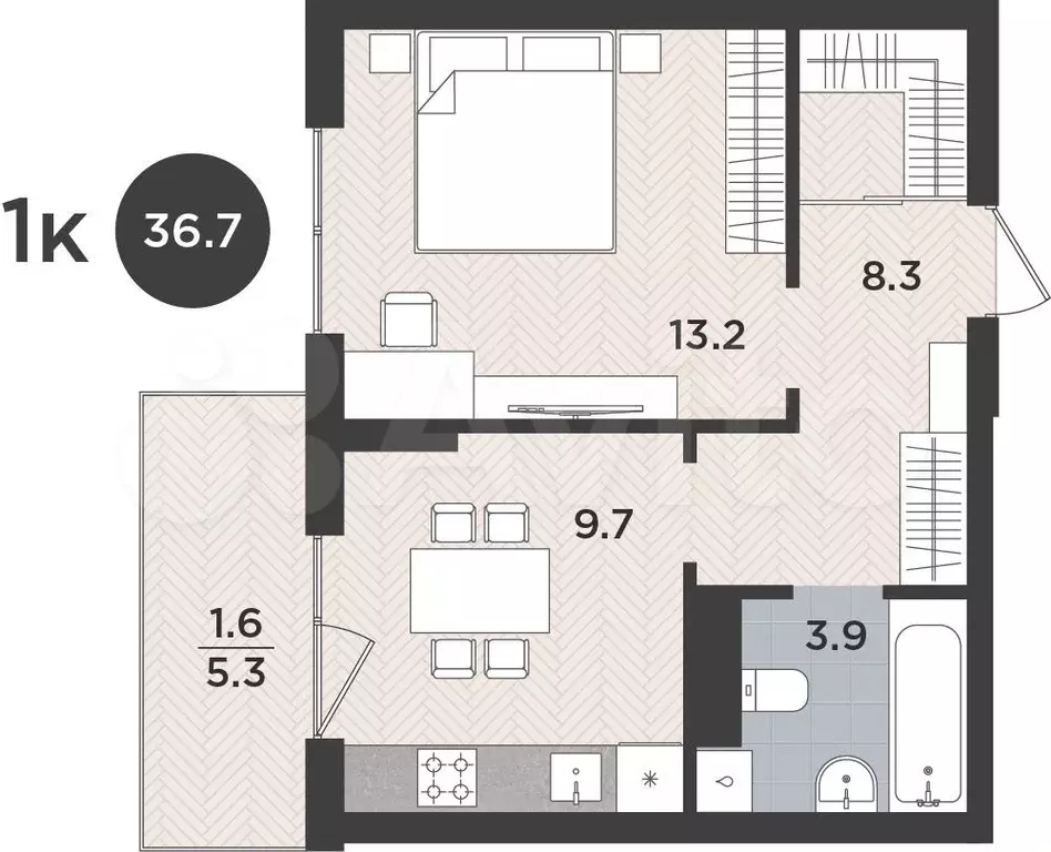 1-к. квартира, 36,7 м, 6/9 эт. - Фото 1