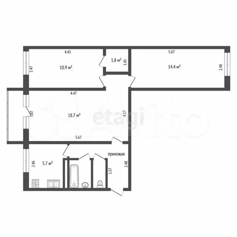 3-к. квартира, 59 м, 3/5 эт. - Фото 0