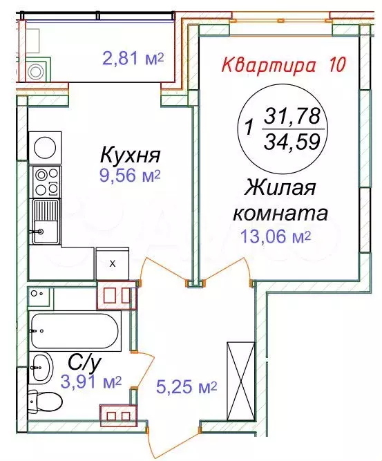 1-к. квартира, 34,6 м, 3/5 эт. - Фото 0