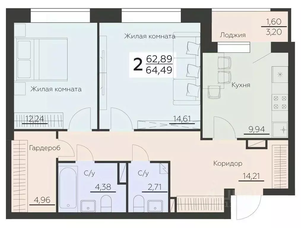 2-к кв. Воронежская область, Воронеж Ленинградская ул., 29Б (64.49 м) - Фото 0