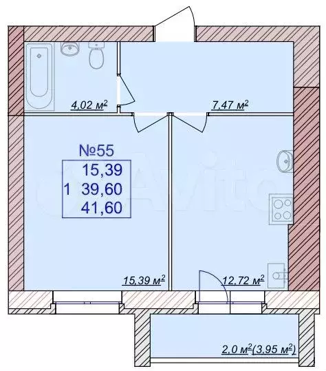 1-к. квартира, 41,6 м, 5/9 эт. - Фото 1