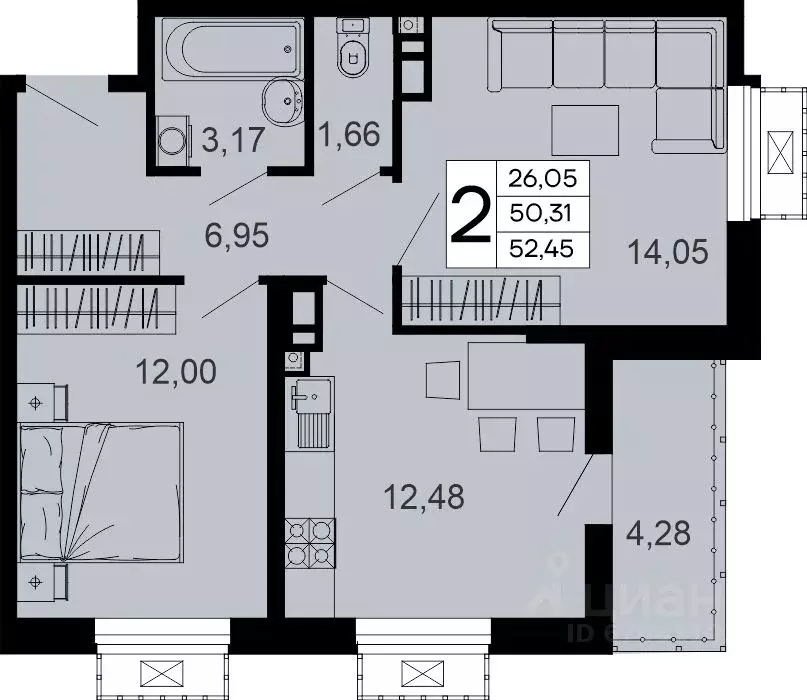 2-к кв. Адыгея, Майкоп 9 Мая ул. (52.45 м) - Фото 1