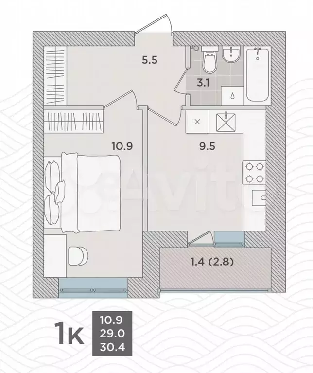 1-к. квартира, 29,3 м, 2/6 эт. - Фото 0
