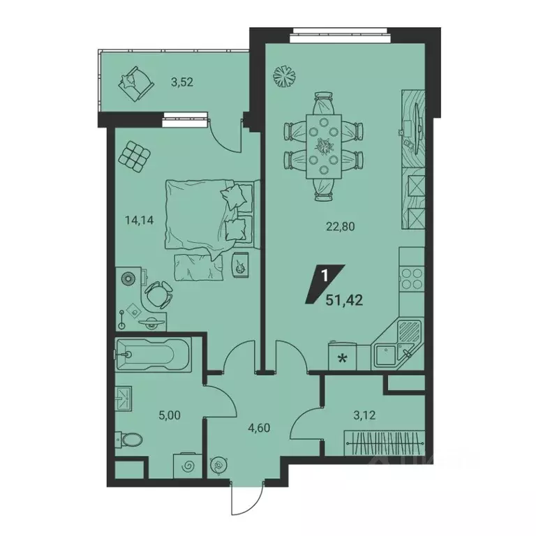 2-к кв. Свердловская область, Екатеринбург ул. Громова, 26/3 (50.8 м) - Фото 2