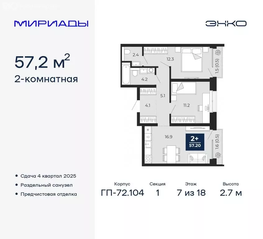 2-комнатная квартира: Тюмень, жилой комплекс Мириады (57.2 м) - Фото 0