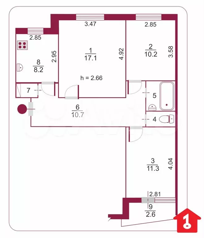 3-к. квартира, 62,8 м, 8/10 эт. - Фото 0