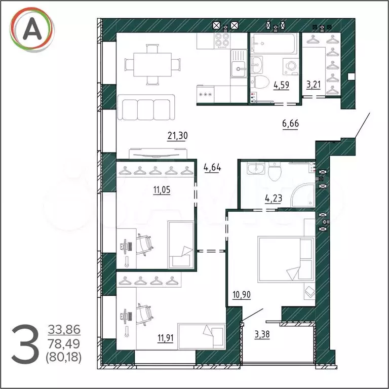 3-к. квартира, 80,2 м, 4/9 эт. - Фото 1