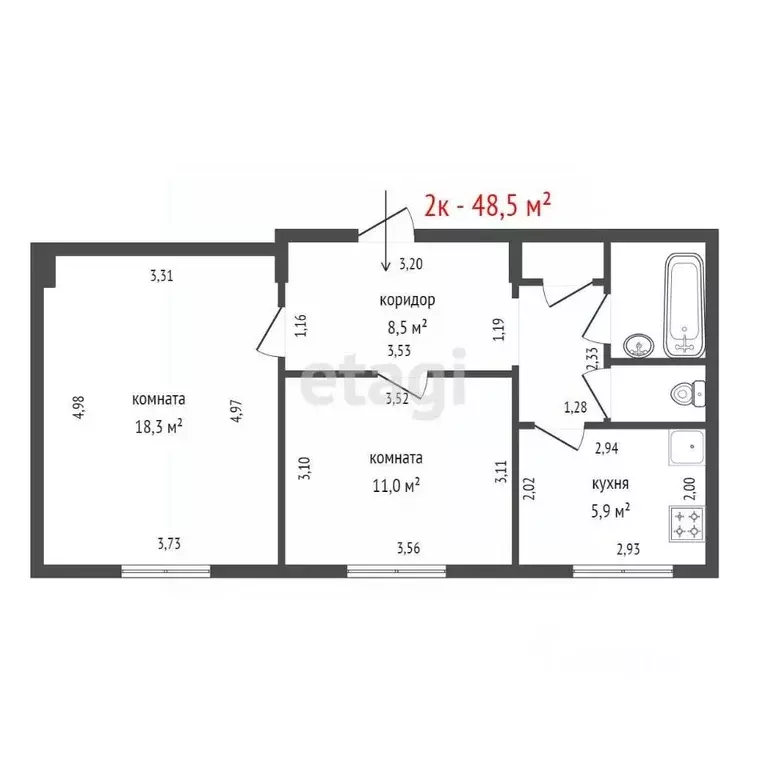 2-к кв. Свердловская область, Екатеринбург ул. Баумана, 22 (48.5 м) - Фото 1