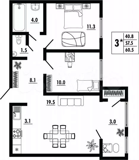 2-к. квартира, 60м, 4/23эт. - Фото 1