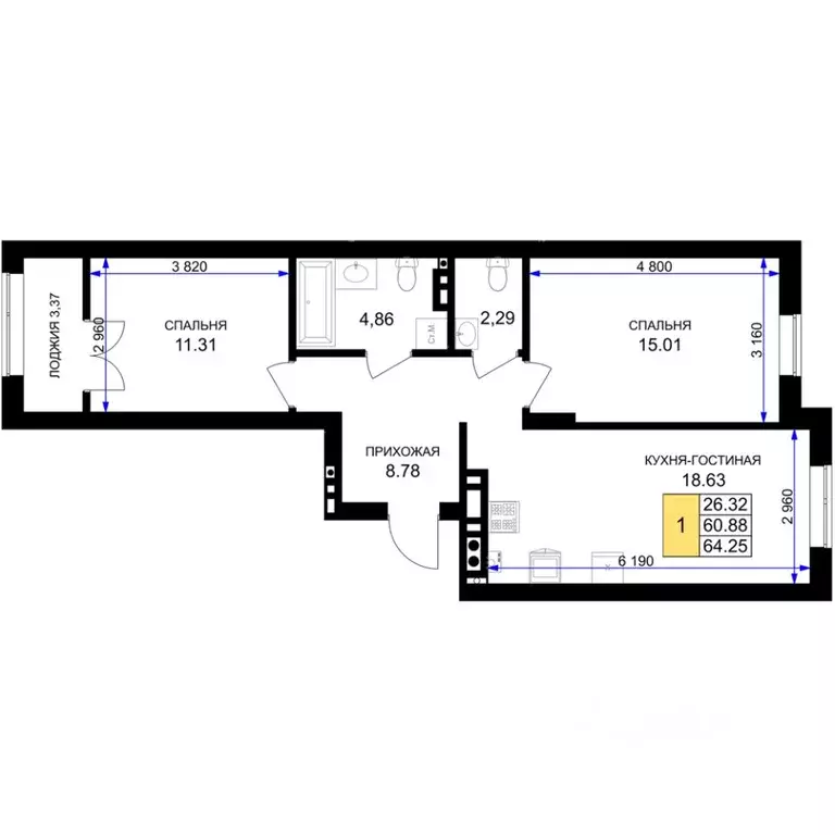 2-к кв. Калининградская область, Гурьевск Включи жилой комплекс (64.25 ... - Фото 0
