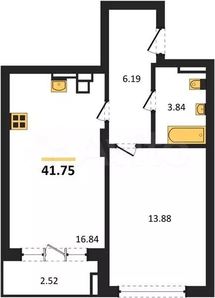 1-к. квартира, 41,8 м, 4/9 эт. - Фото 1